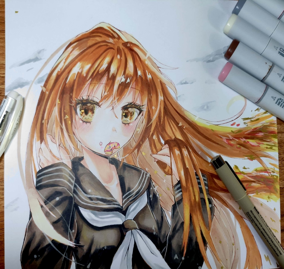1girl, aisaka_taiga, black_serafuku, blush, brown_eyes, brown_hair, copic, crumbs