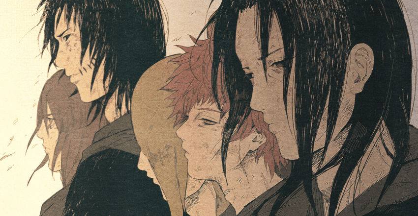 4boys, black_hair, blonde_hair, closed_mouth, colored_sclera, deidara_(naruto), grey_hair, hair_over_eyes