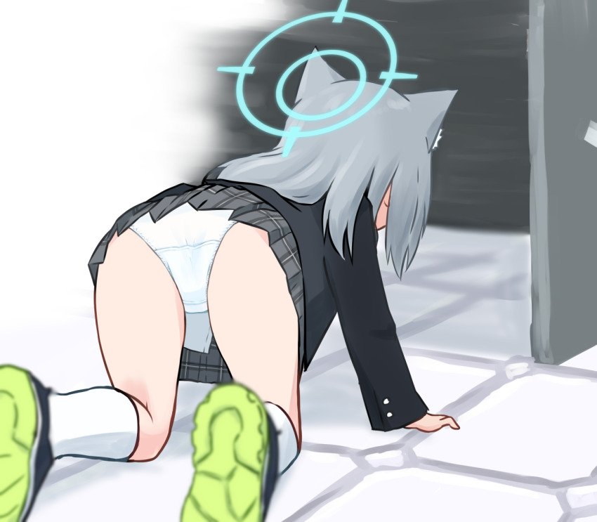 1girl, all_fours, animal_ear_fluff, animal_ears, arm_support, ass, back, black_skirt