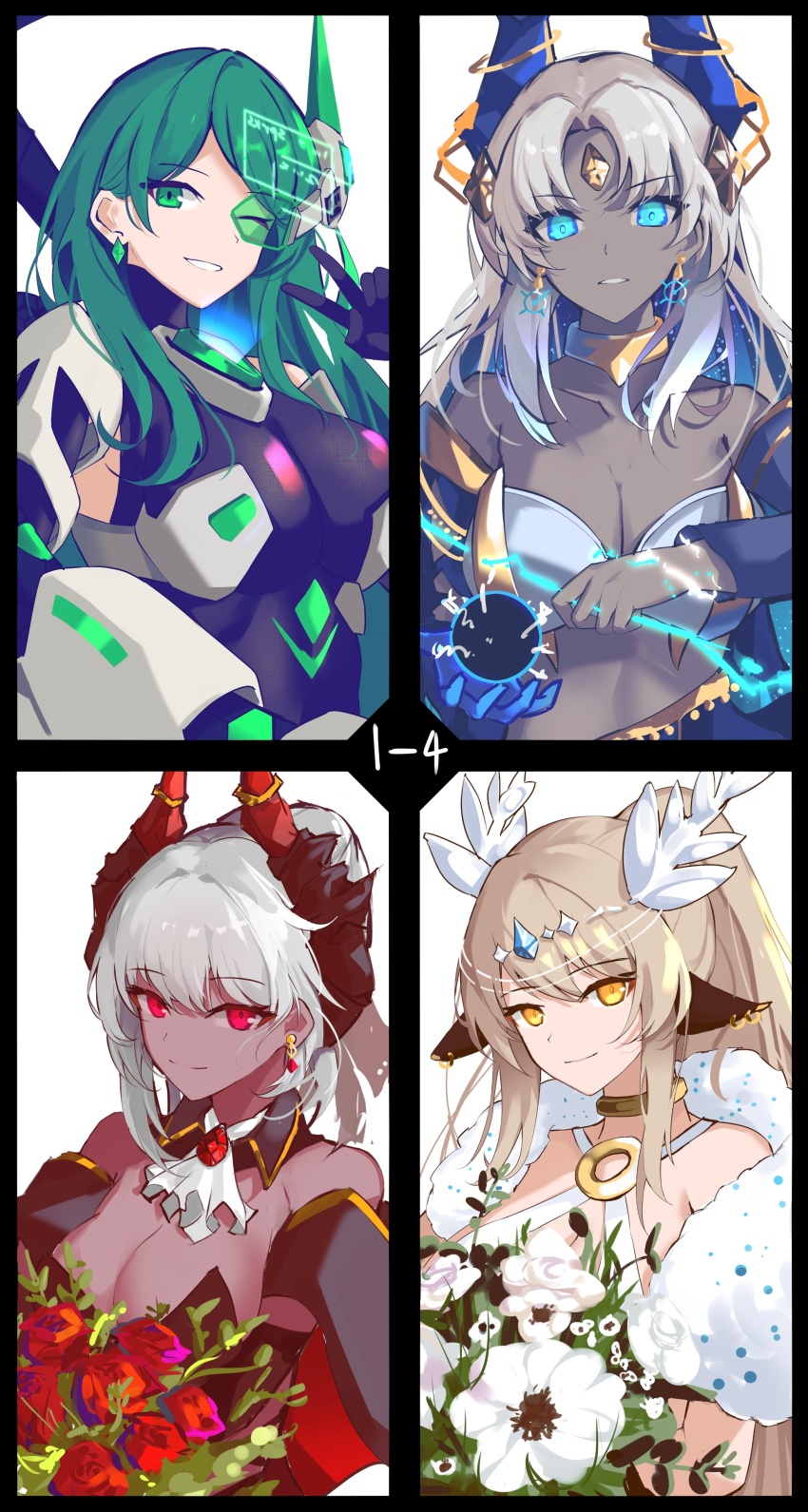 4girls, ;), absurdres, animal_ears, ascot, black_bodysuit, black_border, blonde_hair, blue_eyes, blue_hair, bodysuit, border, bouquet, breasts, chimera_(dungeon_squad), choker, colored_inner_hair, colored_skin, dark-skinned_female, dark_skin, demon_girl, demon_horns, detached_collar, detached_sleeves, diablo_(dungeon_squad), dungeon_squad, earrings, electricity, flower, forehead_jewel, fur_shawl, gem, green_eyes, green_hair, grey_hair, grey_skin, grin, hair_behind_ear, hair_bun, heads-up_display, highres, holding, holding_bouquet, holding_lightning_bolt, holographic_interface, horn_ornament, horn_ring, horns, jewelry, jormungand_(dungeon_squad), large_breasts, long_hair, looking_at_viewer, magic, medium_breasts, multicolored_hair, multiple_girls, o-ring, official_alternate_costume, one_eye_closed, parted_lips, ponytail, red_eyes, red_flower, red_gem, red_rose, red_skin, rose, shawl, simple_background, single_hair_bun, smile, sparks_summer, tiara, titan_(dungeon_squad), upper_body, user_interface, v, white_ascot, white_background, white_flower, yellow_eyes