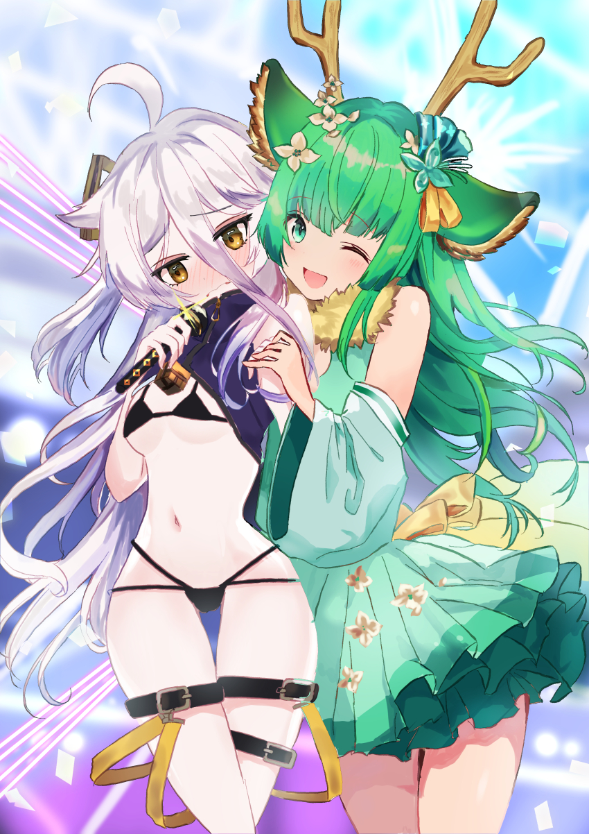 2girls, absurdres, ahoge, animal_ears, antlers, belt, bikini, black_belt, black_bikini, breasts, cleavage_cutout, clothing_cutout, deer_ears, detached_sleeves, dress, flower, frilled_dress, frills, fur-trimmed_dress, fur_trim, gradient_hair, green_dress, green_eyes, green_hair, green_sleeves, grey_hair, hair_flower, hair_ornament, hair_ribbon, haruka_karibu, henya_the_genius, henya_the_genius_(1st_costume), highres, horns, large_breasts, long_bangs, long_hair, looking_at_viewer, mochimochi_589, multicolored_hair, multiple_girls, navel, one_eye_closed, open_mouth, purple_dress, purple_hair, purple_ribbon, reindeer_antlers, reindeer_girl, ribbon, sidelocks, small_breasts, swimsuit, thigh_belt, thigh_strap, two_side_up, virtual_youtuber, vshojo, yellow_eyes, zipper_pull_tab