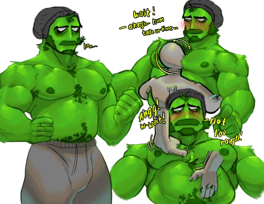 2boys, absurdres, arctavius, armpit_hair, armpit_hair_peek, bara, belly_grab, between_pecs, between_pectorals, blush, bulge, chest_hair, clenched_hand, colored_skin, cropped_torso, disembodied_hand, english_text, feeling_muscles, feet_out_of_frame, grass_boy, green_skin, hairy, hand_on_own_hip, head_between_pecs, highres, jitome, large_pectorals, male_focus, mature_male, meme, monster_boy, motion_lines, multiple_boys, multiple_views, muscular, muscular_male, mustache, navel, navel_hair, nipples, original, pants, pectorals, plant_boy, short_hair, shy, simple_background, sparse_chest_hair, stomach, strongman_waist, thick_eyebrows, thick_mustache, topless_male, touch_grass_(meme), track_pants, yaoi