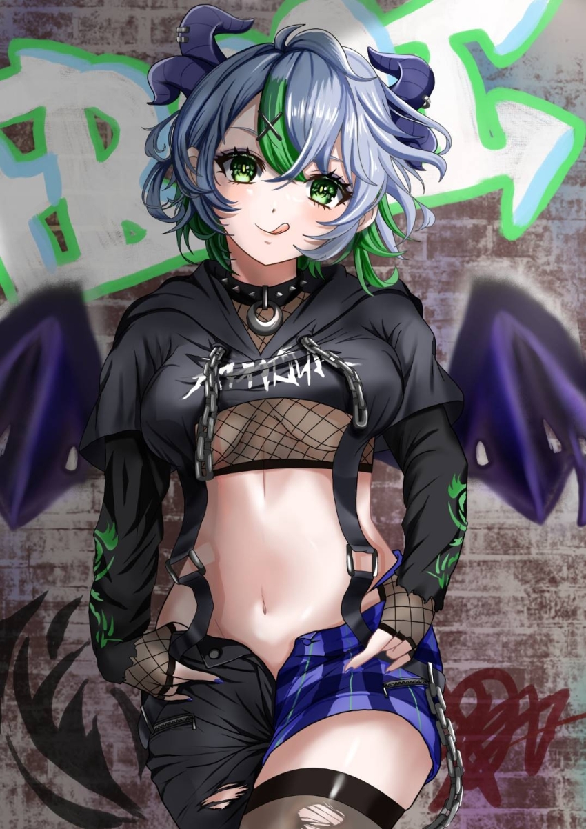 1girl, apricot_the_lich, apricot_the_lich_(goth), black_collar, black_hoodie, black_pants, blush, collar, cropped_hoodie, demon_girl, demon_horns, fishnet_thighhighs, fishnets, graffiti, green_eyes, green_hair, hair_ornament, highres, hood, hoodie, horns, long_hair, medium_hair, momomomooo13, multiple_horns, open_fly, pants, purple_shorts, shorts, smile, solo, spiked_collar, spikes, thighhighs, torn_clothes, torn_pants, torn_thighhighs, virtual_youtuber, vshojo, x_hair_ornament
