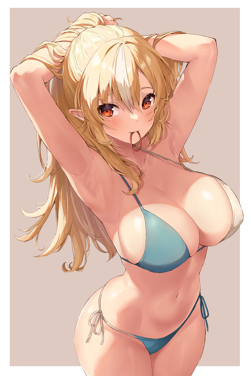 1girl, armpits, arms_behind_head, bikini, blonde_hair, blue_bikini, border, breasts