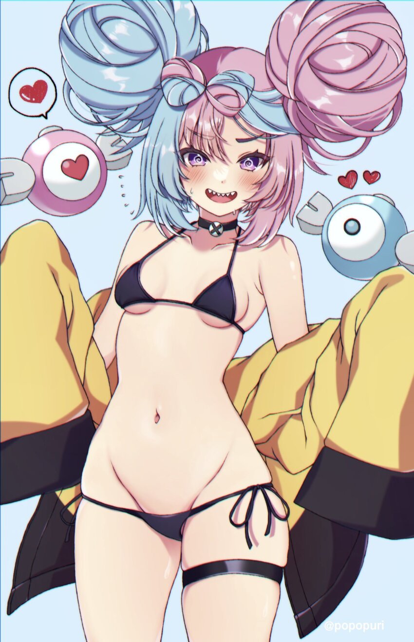 1girl, @_@, artist_name, bikini, black_bikini, blue_hair, blush, breasts, choker, cleavage, collarbone, double_bun, gen_1_pokemon, grey_background, groin, hair_bun, highres, iono_(pokemon), jacket, jewelry, long_sleeves, lowleg, lowleg_bikini, magnemite, micro_bikini, multicolored_hair, navel, nintendo, off_shoulder, open_clothes, open_jacket, open_mouth, oversized_clothes, pink_hair, pokemon, pokemon_scarlet_and_violet, popo_(popopuri), side-tie_bikini_bottom, simple_background, sleeves_past_fingers, sleeves_past_wrists, small_breasts, smile, stomach, swimsuit, teeth, thighlet, thighs, upper_teeth_only, yellow_jacket