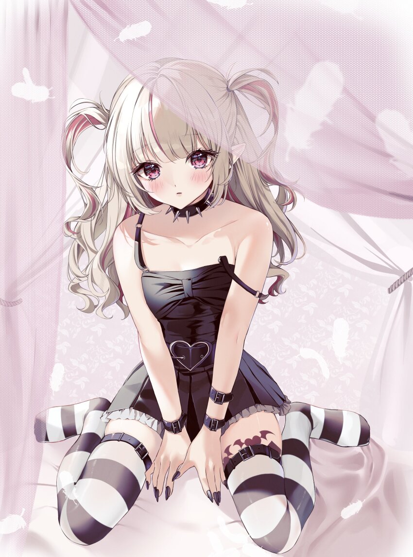 1girl, absurdres, black_dress, black_nails, blunt_bangs, blush, bracelet, collar, collarbone, cure_heart_(artist), curtains, dress, fingernails, frilled_dress, frills, grey_hair, heart, heart_print, heart_tattoo, highres, jewelry, leg_tattoo, long_hair, looking_at_viewer, makaino_ririmu, multicolored_hair, nijisanji, off_shoulder, parted_lips, pink_eyes, pink_hair, pointy_ears, sharp_fingernails, sidelocks, single_bare_shoulder, sitting, solo, spiked_collar, spikes, streaked_hair, striped_clothes, striped_thighhighs, tattoo, thighhighs, twintails, virtual_youtuber, wariza