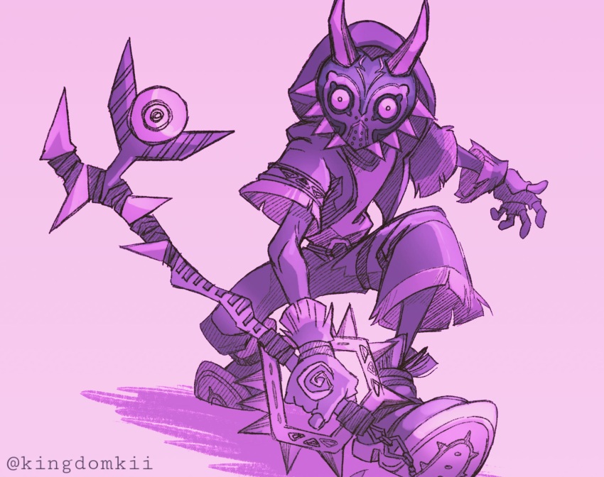 artist_name, bell-bottoms, cosplay, facing_viewer, gloves, highres, holding, holding_weapon, hood, hood_up, hooded_jacket, horns, jacket, kii_(kingdomkii), kingdom_hearts, long_sleeves, majora_(zelda), mask, nintendo, open_clothes, open_jacket, pants, pink_theme, shirt, shoes, short_sleeves, the_legend_of_zelda, weapon, wide_sleeves