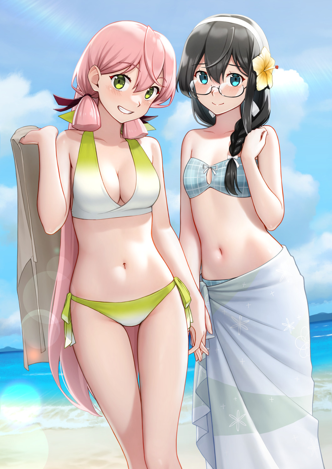 2girls, akashi_(kancolle), akashi_(swimsuit)_(kancolle), aqua_eyes, beach, bikini, black-framed_eyewear, black_hair