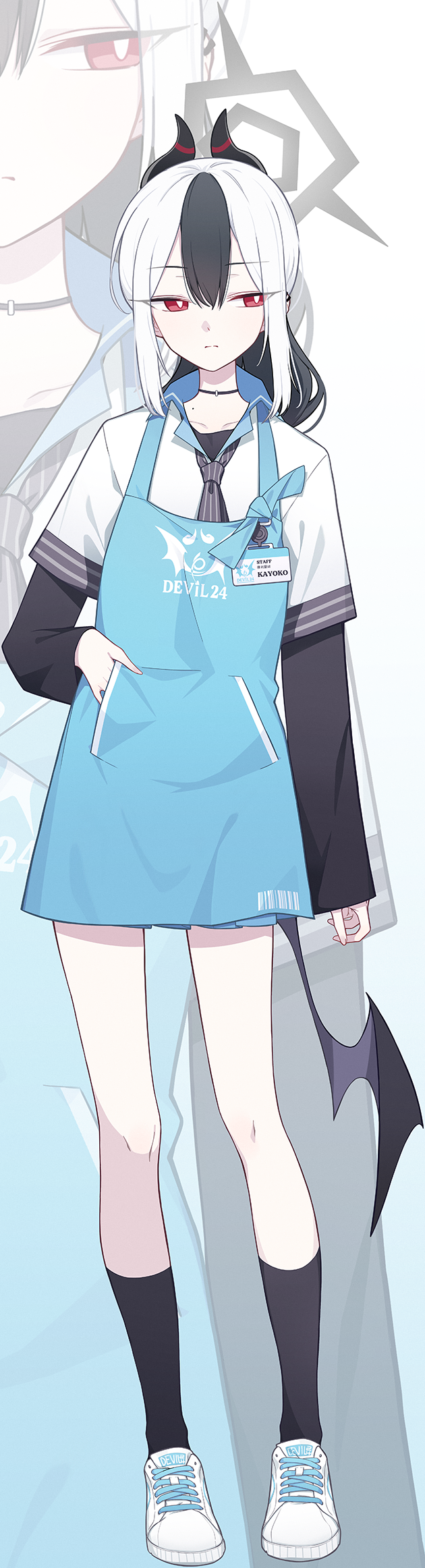 1girl, abae, alternate_costume, apron, black_choker, black_hair, black_necktie, black_shirt