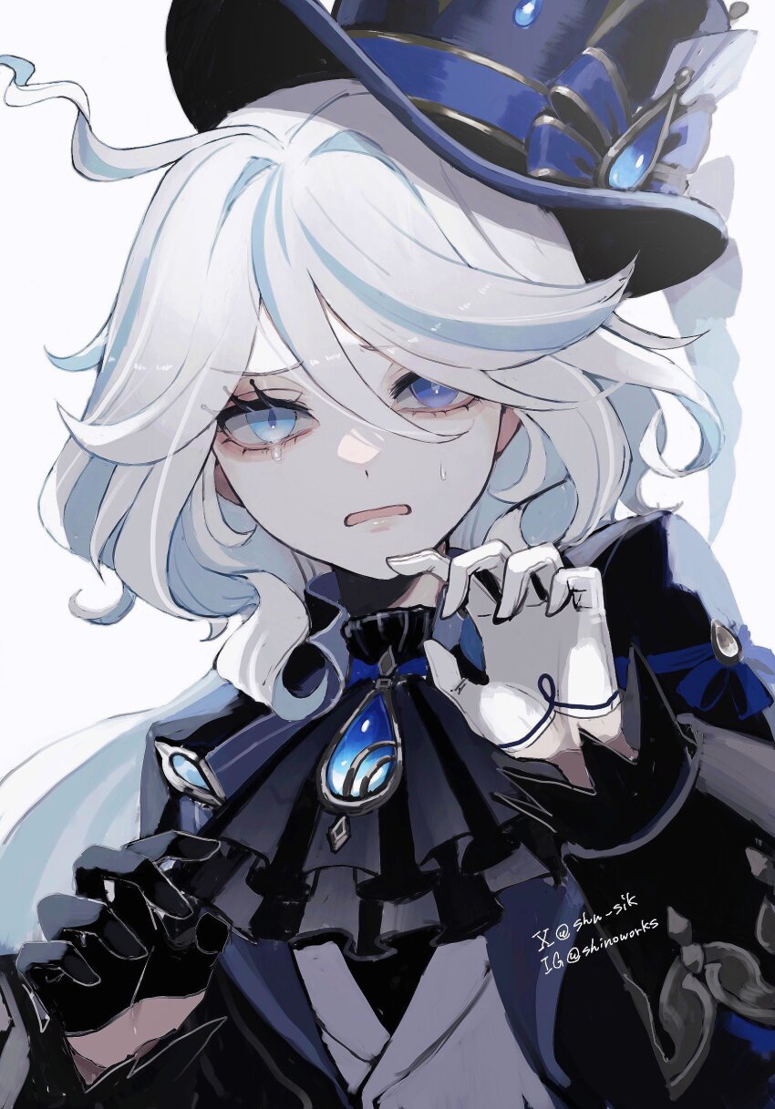 1girl, ahoge, artist_name, ascot, black_ascot, black_gloves, blue_eyes, blue_hat