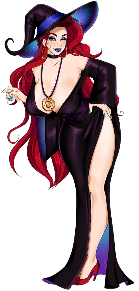 1girl, art_moira, black_dress, breasts, choker, cleavage, corruption_of_champions_2, curly_hair, curvy, dress, earrings, fingernails, green_eyes, hand_on_own_hip, hat, high_heels, hoop_earrings, huge_breasts, jewelry, lipstick, long_fingernails, long_hair, magic, makeup, nail_polish, necklace, one_eye_closed, simple_background, smile, solo, standing, thick_lips, thick_thighs, thighs, very_long_hair, viviane_(corruption_of_champions_2), white_background, wide_hips, wink, witch, witch_hat