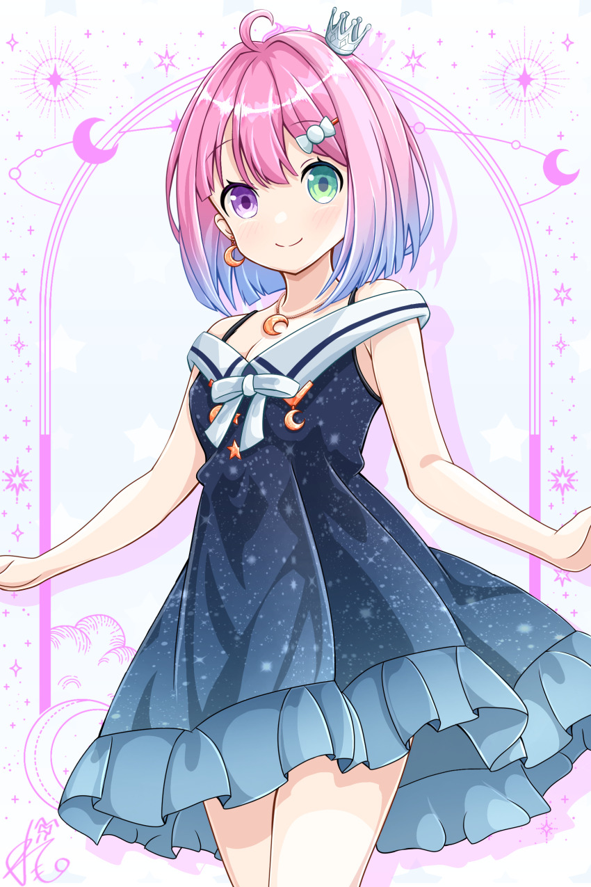 1girl, absurdres, breasts, cleavage, crown, green_eyes, heterochromia, highres