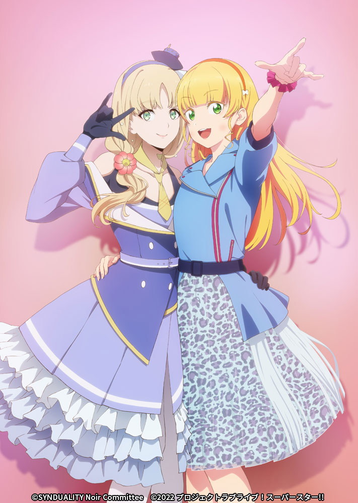 2girls, black_gloves, blonde_hair, ciel_(synduality), commentary, company_connection, gloves, green_eyes