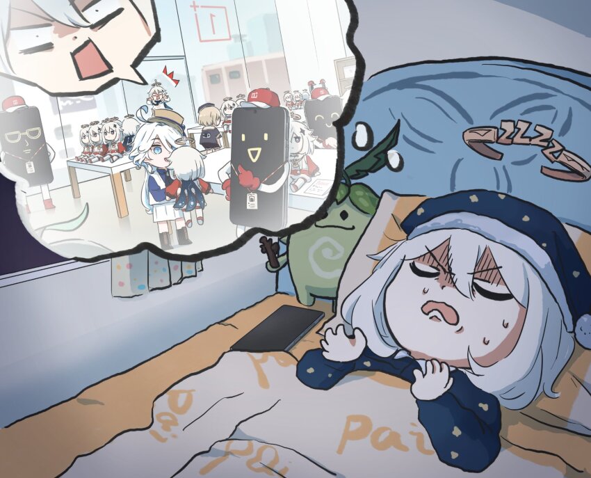 1boy, 2girls, ahoge, artist_name, bed, blanket, cellphone, character_doll, chibi, commentary, contemporary, doll, dreaming, freminet_(genshin_impact), furina_(genshin_impact), genshin_impact, hair_between_eyes, halo, hat, highres, multiple_girls, nightcap, nightmare, oneplus, paimon_(genshin_impact), phone, pillow, shop, sleeping, sleepwear, untranslatable_commentary, white_hair, xinzoruo