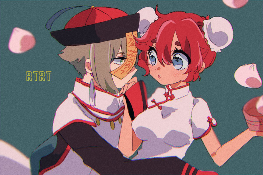 1boy, 1girl, :o, alternate_costume, blue_background, blue_eyes, bun_cover, china_dress