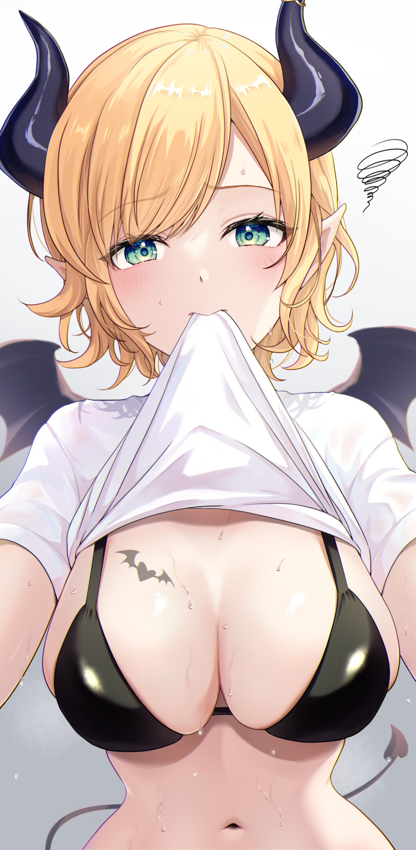 1girl, absurdres, bikini, black_bikini, black_horns, black_tail, black_wings, blonde_hair