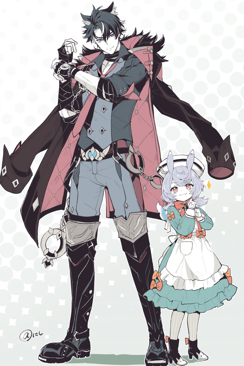 1boy, 1girl, animal_ears, black_footwear, black_gloves, black_hair, black_jacket, closed_mouth