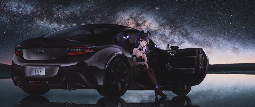 1girl, animal_ears, arm_strap, black_footwear, black_leotard, black_pantyhose, braid, breasts, car, cleavage, commission, crystalfly_(genshin_impact), fake_animal_ears, genshin_impact, high_heels, highres, leotard, long_hair, looking_at_viewer, medium_breasts, milky_way, motor_vehicle, night, nougat_(no_9ada), pantyhose, playboy_bunny, purple_eyes, purple_hair, rabbit_ears, raiden_shogun, reflection, sitting, sky, solo, sports_car, star_(sky), starry_sky, subaru_(brand), subaru_brz, vehicle_focus, vehicle_name, wrist_cuffs