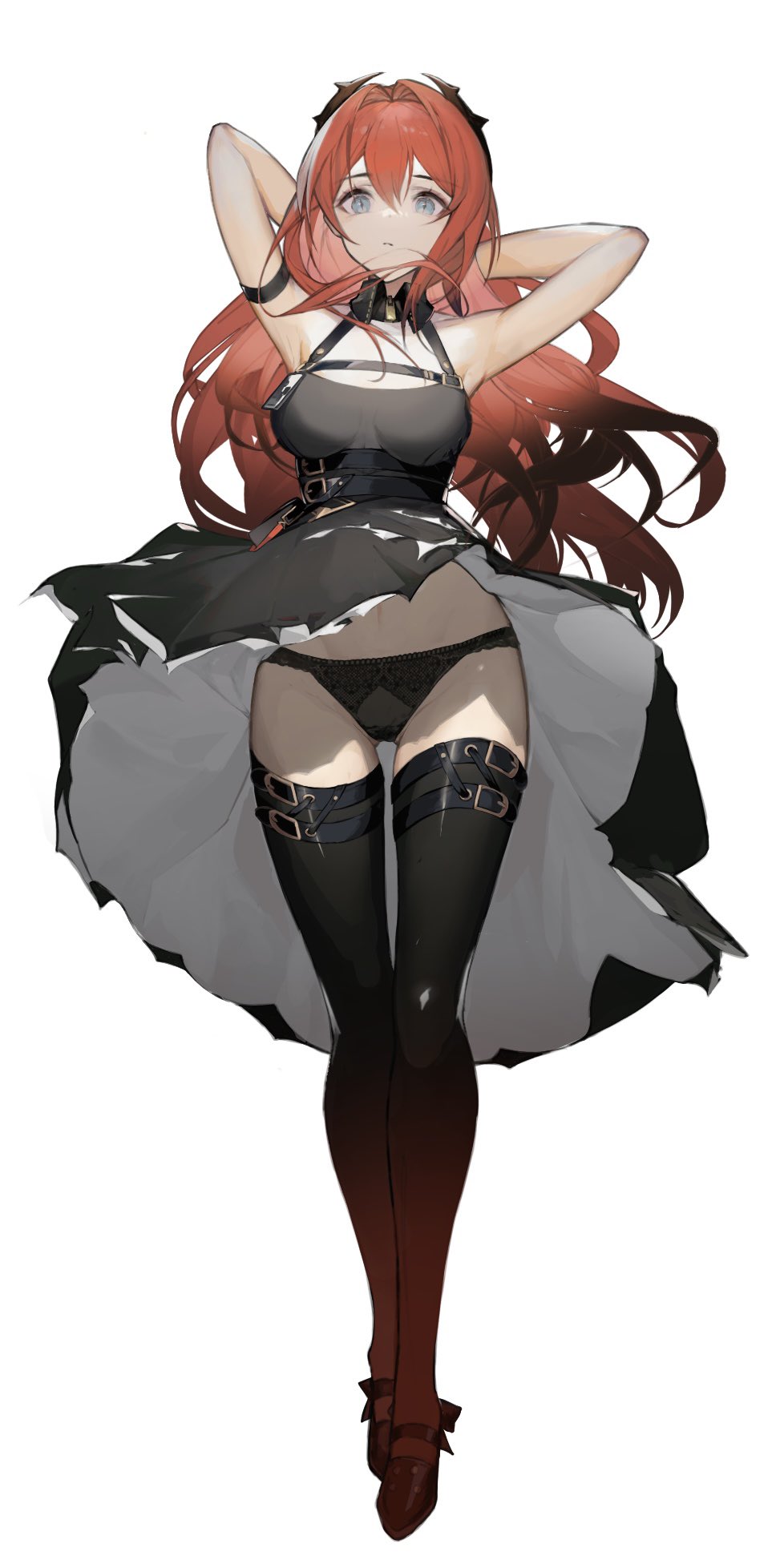 1girl, anths, aqua_eyes, arknights, arm_up, armband, armpits, black_panties, black_thighhighs, breasts, chest_harness, clothes_lift, crossed_bangs, detached_collar, dress, dress_lift, full_body, gradient_legwear, hair_between_eyes, hair_intakes, harness, highres, horns, long_hair, looking_at_viewer, mary_janes, medium_breasts, navel, panties, red_hair, red_shoes, red_thighhighs, shoes, sidelocks, simple_background, slit_pupils, solo, standing, surtr_(arknights), thighhighs, two-sided_dress, two-sided_fabric, underbust, underwear, white_background, white_dress, wind, wind_lift