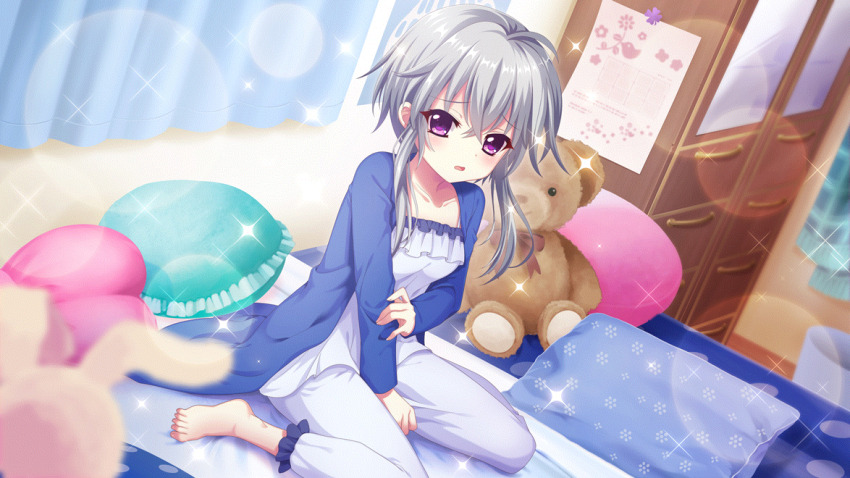 1girl, barefoot, bedroom, between_legs, blue_sweater, blurry, blurry_background, blurry_foreground