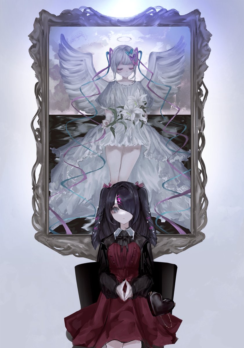 1girl, ame-chan_(needy_girl_overdose), angel, bag, black_bag, black_hair, black_ribbon, black_shirt, blonde_hair, blue_bow, blue_hair, bow, chouzetsusaikawa_tenshi-chan, closed_eyes, closed_mouth, collared_shirt, commentary, dress, english_commentary, feathered_wings, flower, hair_bow, hair_over_one_eye, halo, highres, holding, holding_flower, lily_(flower), long_hair, long_sleeves, looking_at_viewer, mnemo, multicolored_hair, neck_ribbon, needy_girl_overdose, official_alternate_costume, own_hands_together, picture_frame, pink_bow, pink_hair, portrait_(object), puffy_sleeves, purple_bow, quad_tails, red_dress, ribbon, shirt, sitting, solo, strapless, strapless_dress, twintails, very_long_hair, white_dress, white_flower, white_wings, wings