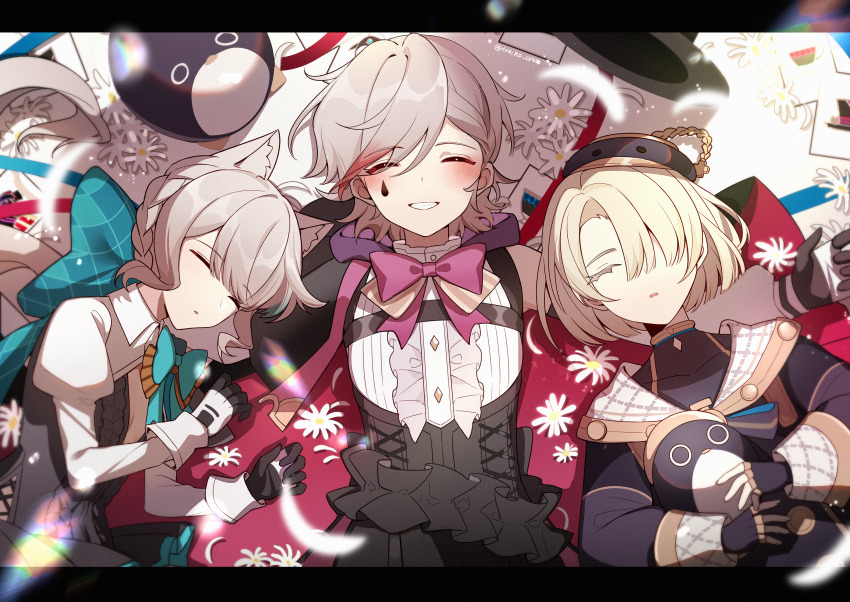 1girl, 2boys, androgynous, animal_ears, blonde_hair, brother_and_sister, cat_ears, cat_girl