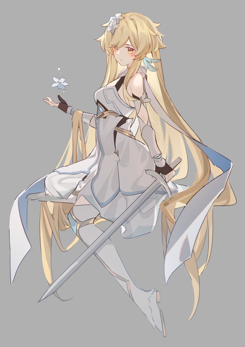 1girl, absurdres, alternate_hair_length, alternate_hairstyle, blonde_hair, boots, brown_gloves, closed_mouth