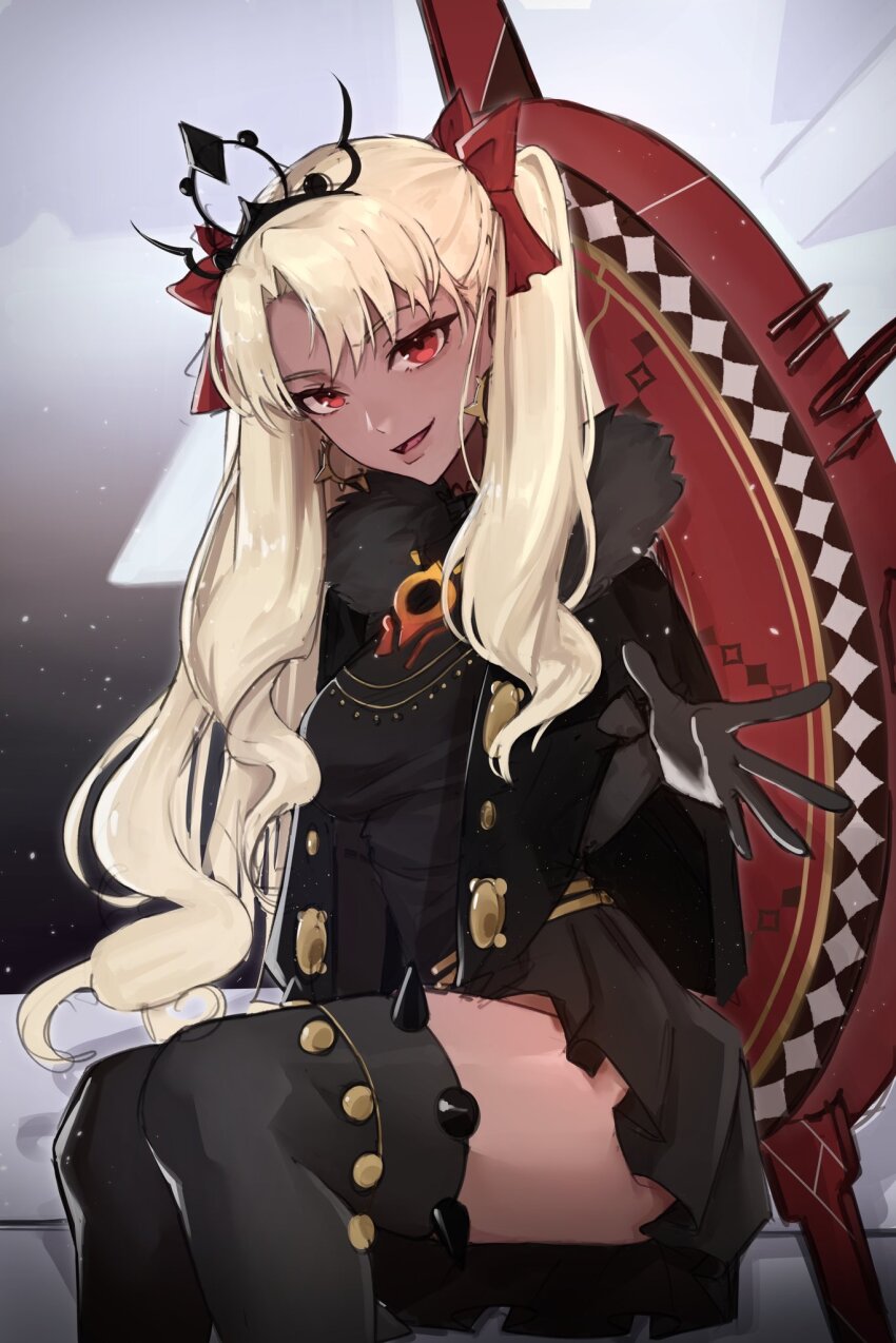 13addendum, 1girl, black_dress, black_gloves, black_thighhighs, blonde_hair, commentary, dark-skinned_female