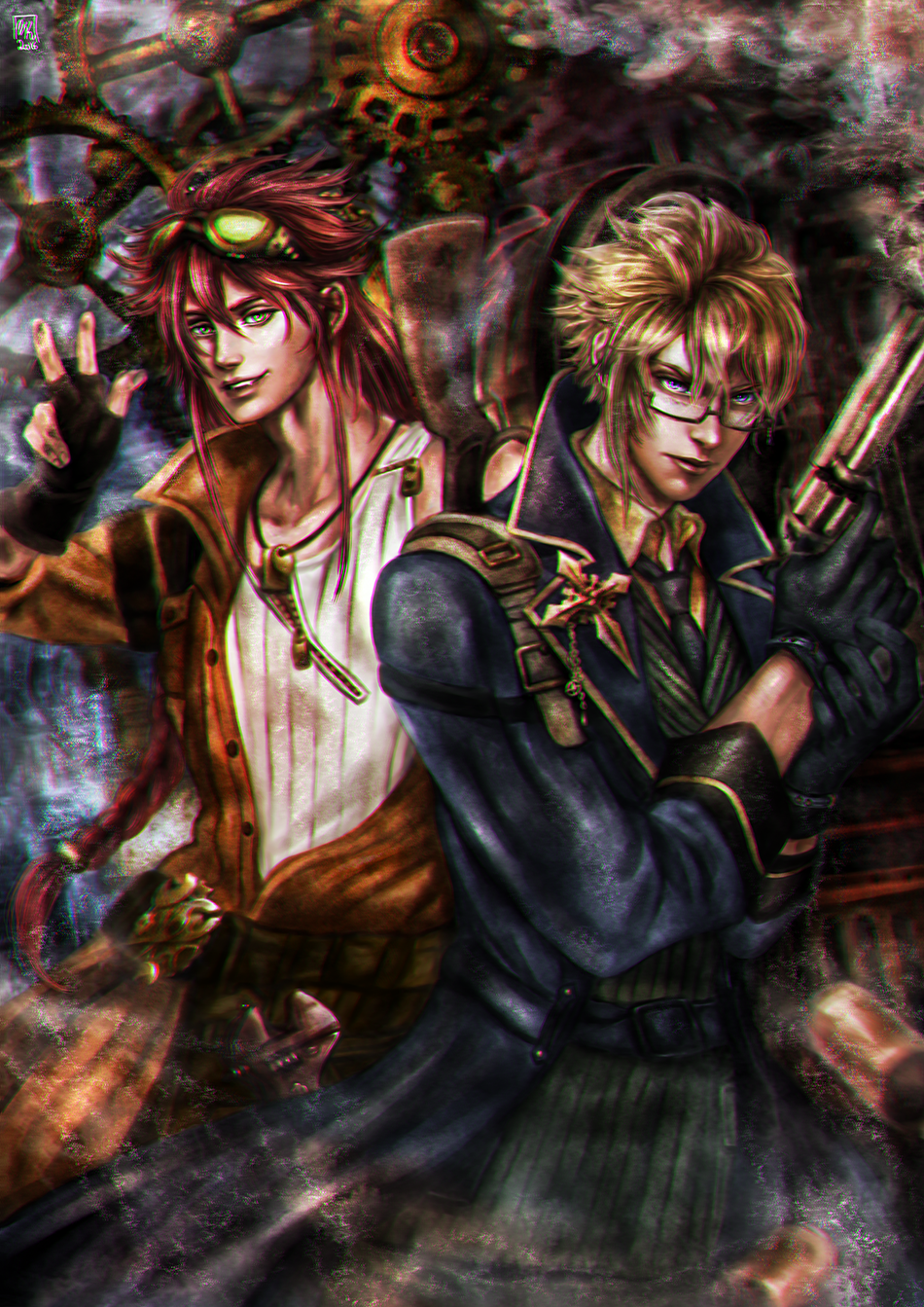 2boys, abraham_van_helsing_(code:realize), black_gloves, black_necktie, blonde_hair, blue_coat, blue_eyes, braid