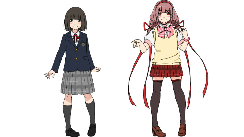 18if, black_hair, bob_cut, reference_sheet, dual_persona, official_art, school_uniform, sugisaki_kayo
