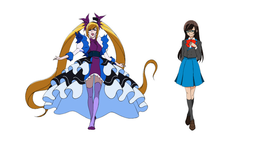 18if, blonde_hair, reference_sheet, dress, dual_persona, glasses, long_hair, official_art, sakurabe_yuuko, school_uniform