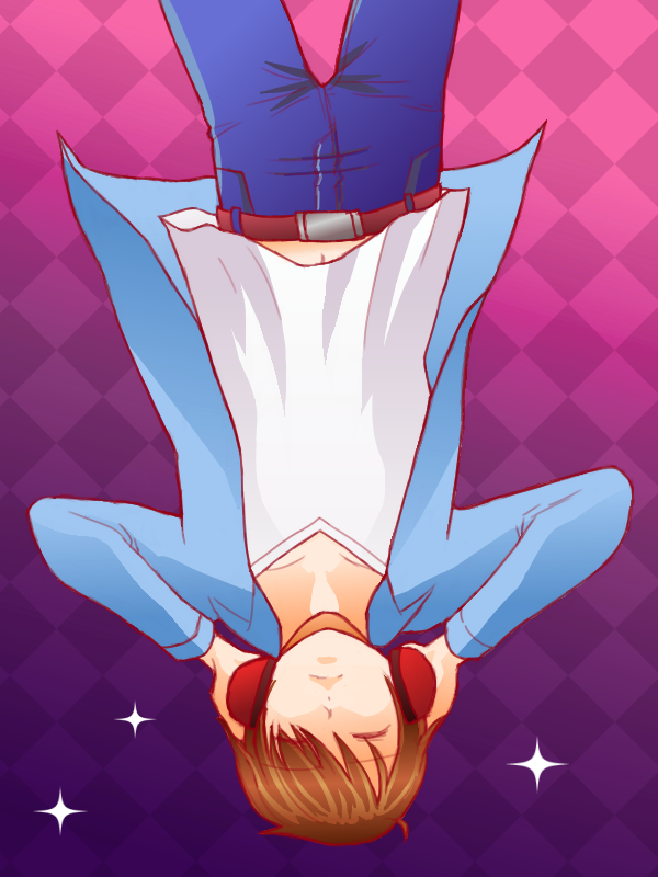 18if, 1boy, abstract_background, blue_jacket, brown_hair, closed_eyes, denim, headphones