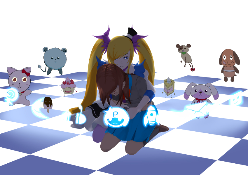 18if, 2girls, absurdres, cake, cake_slice, checkered_floor, dual_persona, food