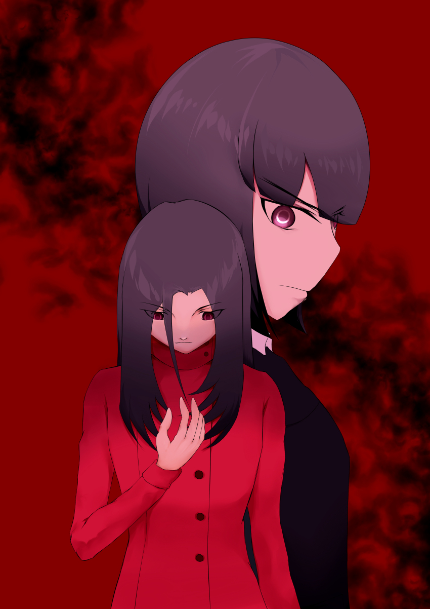 18if, abstract_background, absurdres, black_cardigan, black_hair, cardigan, dual_persona, hayashida_mana, highres, jacket, leaning_forward, neku8, red_eyes, red_jacket, red_theme