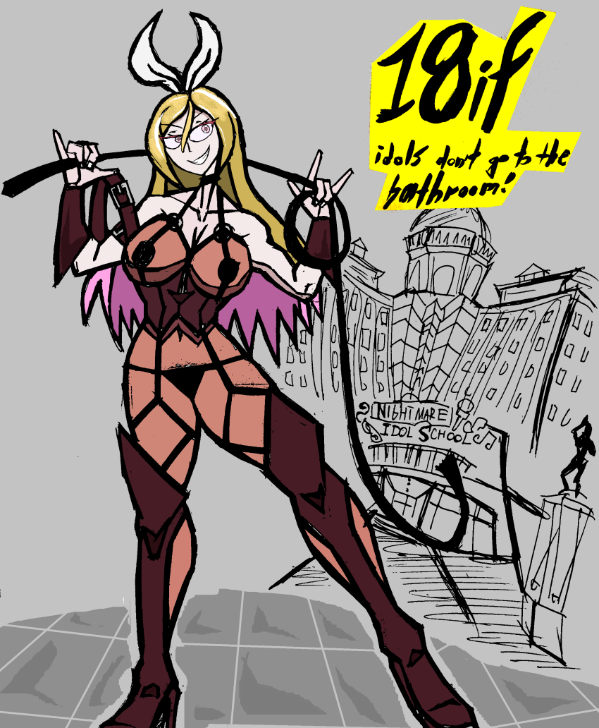 18if, absurdres, bondage_outfit, blonde_hair, building, english_text, floor, highres, misaki_(18if), pubic_hair, smirk, whip, zaimon