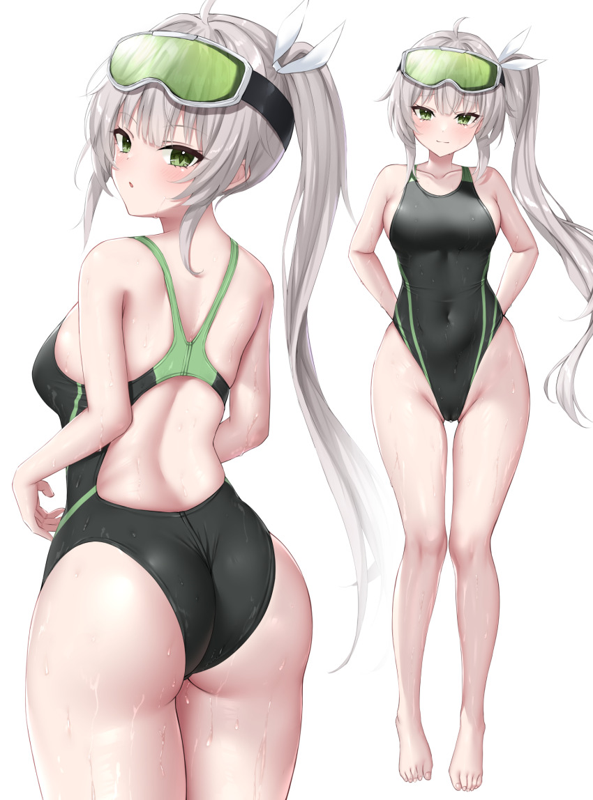 1girl, ass, back, back_focus, barefoot, black_one-piece_swimsuit, breasts, commission