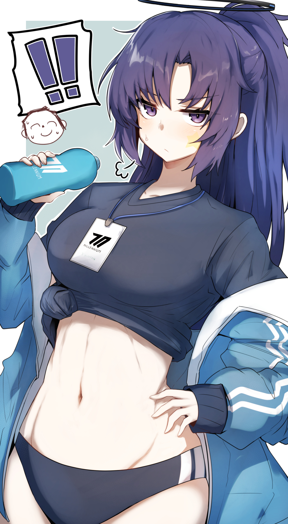 !, !!, black_buruma, black_shirt, blue_archive, blue_jacket, bottle, breasts