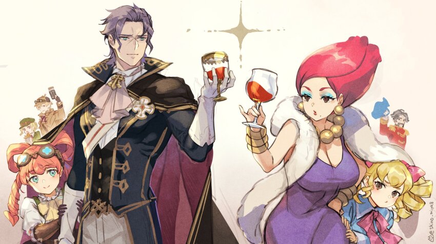 3boys, 4girls, ace_attorney, amelie_(ghost_trick), ascot, barok_van_zieks, bead_necklace, beads, blonde_hair, bracelet, breasts, brown_gloves, newsboy_cap, cape, creator_connection, cup, deerstalker, drill_hair, drinking_glass, emma_(ghost_trick), facial_hair, feather_boa, ghost_trick, gina_lestrade, gloves, goggles, goggles_on_head, grey_hair, hat, herlock_sholmes, high_collar, highres, iris_wilson, jewelry, justice_minister_(ghost_trick), large_breasts, mole, mole_under_mouth, multiple_boys, multiple_girls, mustache, necklace, pink_hair, red_hair, red_wine, scar, scar_on_face, shinobiya_fsaka, smile, the_great_ace_attorney, white_gloves, wine, wine_glass