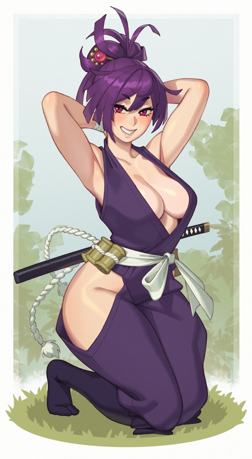 1girl, absurdres, arm_up, armband, armpits, arms_behind_head, arms_up, bandages