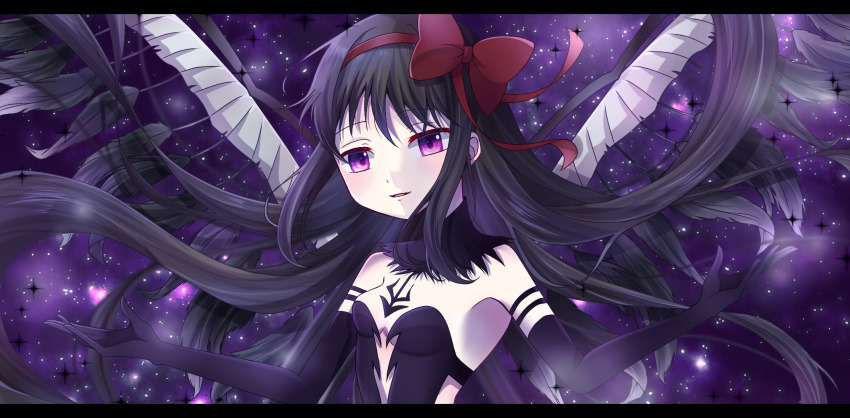 1girl, akemi_homura, akuma_homura, black_hair, elbow_gloves, female_focus, gloves, hands_up