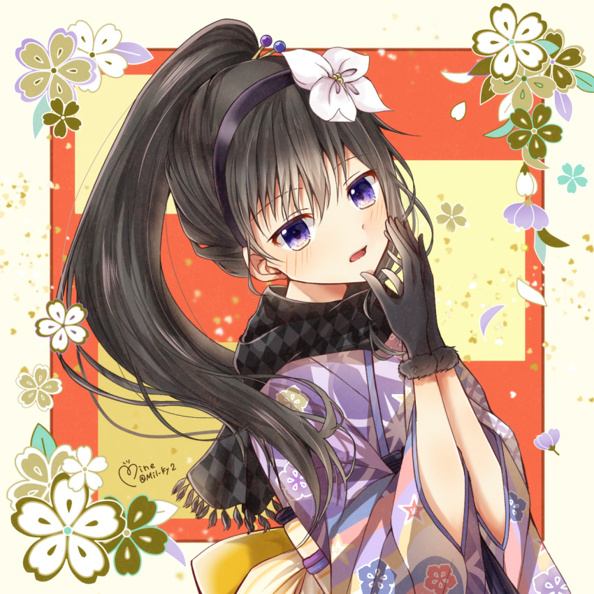 1girl, akemi_homura, akemi_homura_(haregi_ver.), black_hair, gloves, highres, japanese_clothes, kimono