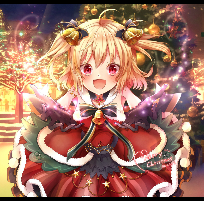 1girl, ayano_rika_(christmas_ver.), black_hair, christmas, christmas_ornaments, gloves, highres, looking_at_viewer