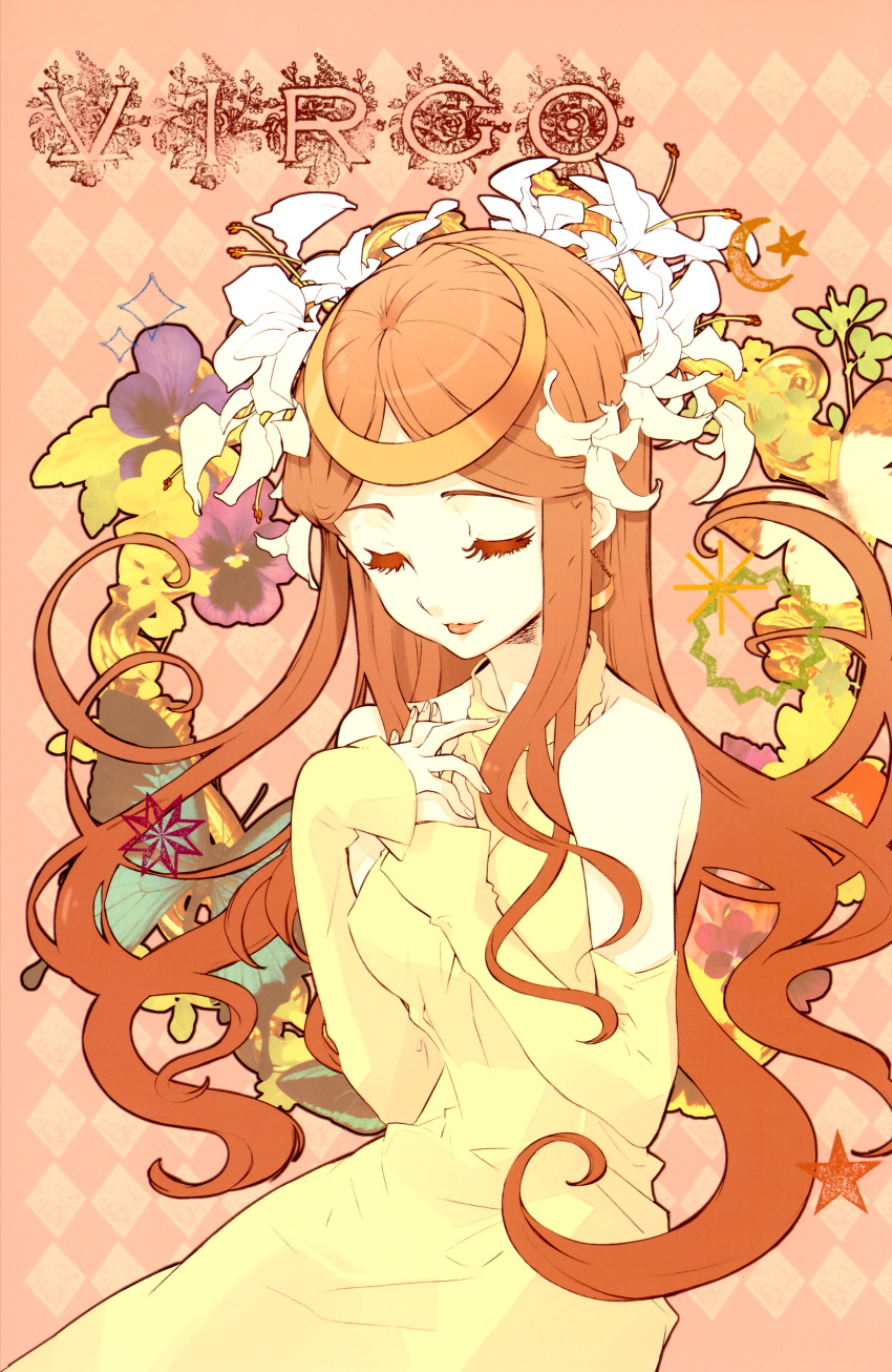 1girl, absurdres, art_nouveau, closed_eyes, female_focus, flower, hair_flower, hair_ornament