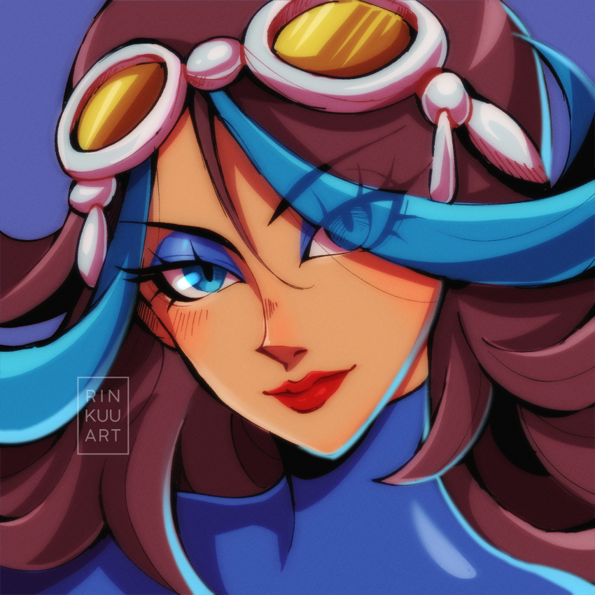 1girl, absurdres, artist_name, big_hair, black_hair, blue_background, blue_bodysuit, blue_eyes