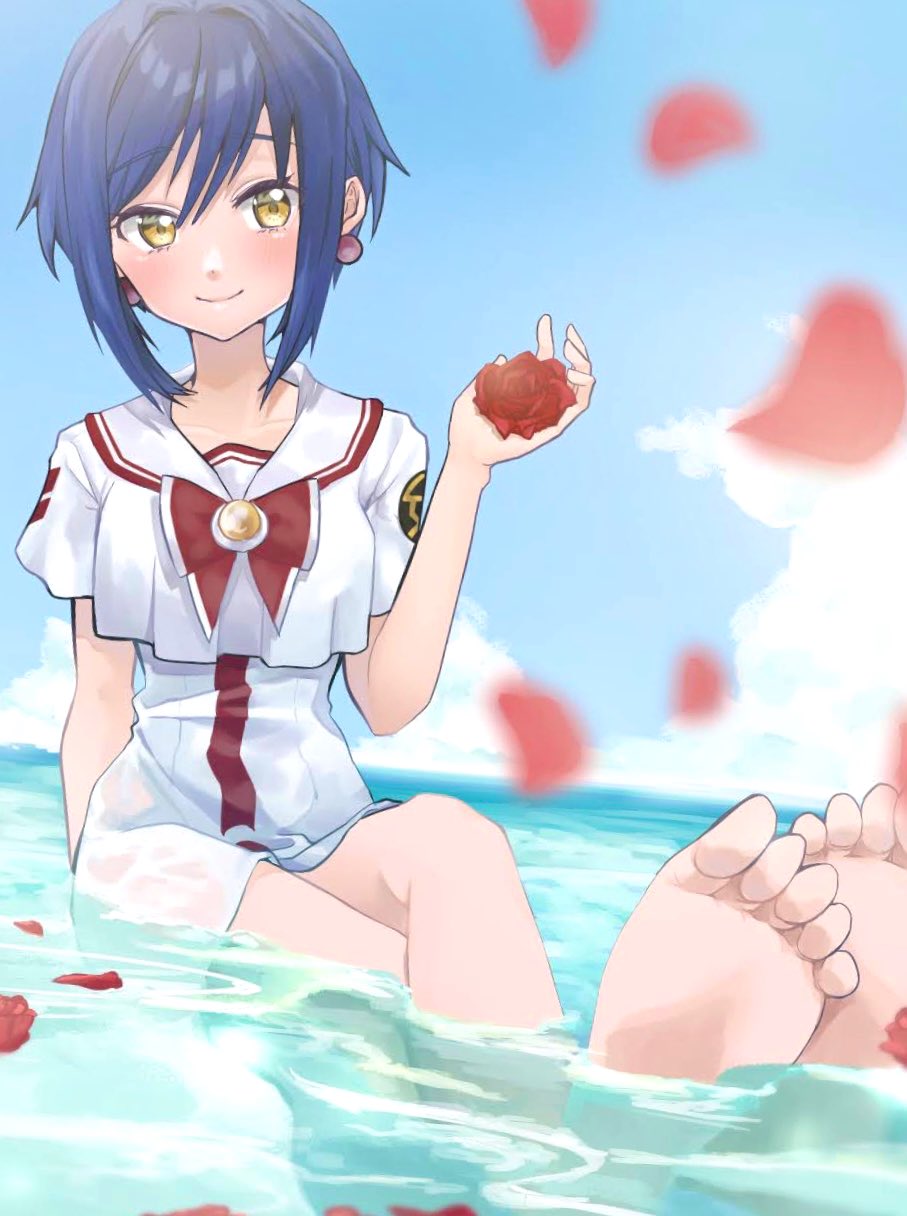 1girl, aika_granzchesta, aogirism, aria_(manga), arm_behind_back, bare_legs, barefoot, blue_sky