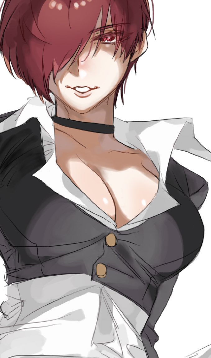 1girl, breasts, choker, genderswap, genderswap_(mtf), hair_over_one_eye, jacket, large_breasts, looking_at_viewer, medium_breasts, open_mouth, pectoral_cleavage, pectorals, red_eyes, red_hair, shirt, short_hair, smile, snk, solo, the_king_of_fighters, tobari18, yagami_iori