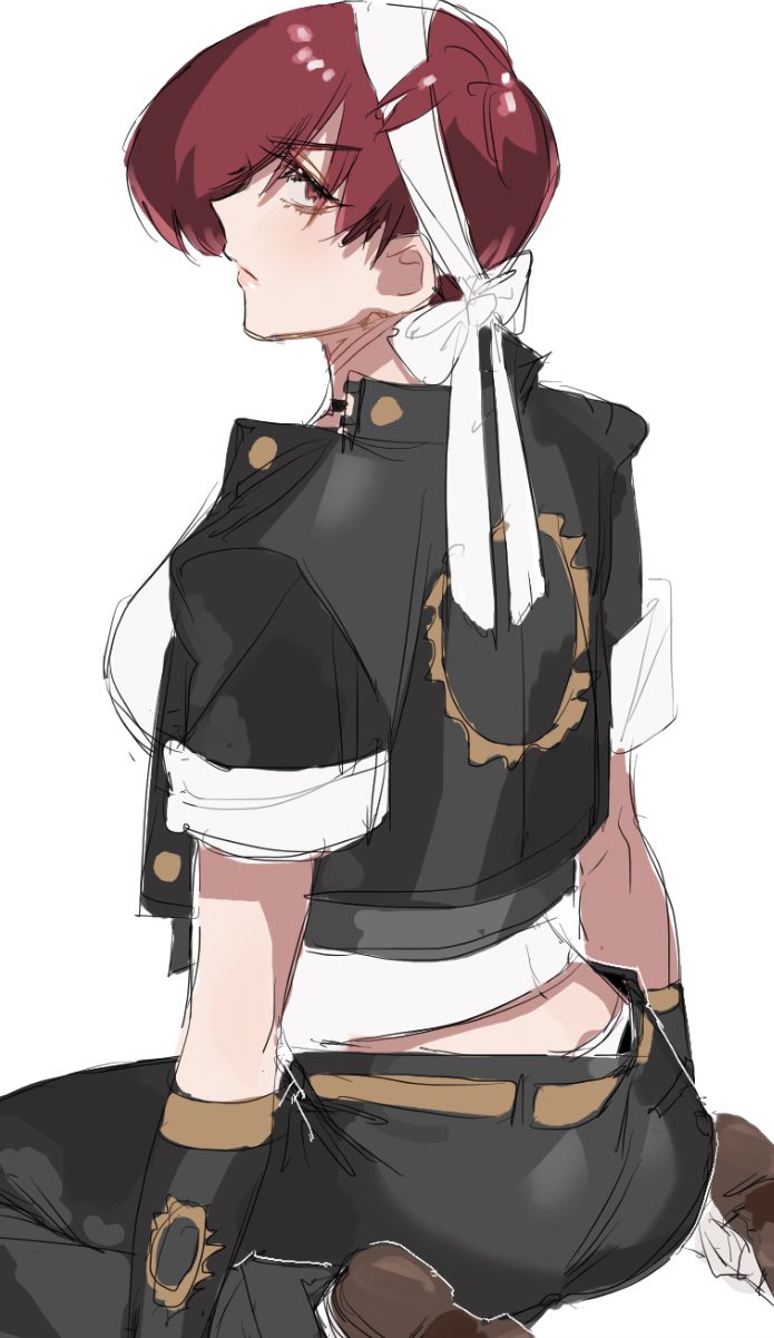 1girl, breasts, cosplay, crossdressing, crossdressing_(ftm), fingerless_gloves, from_behind, full_body