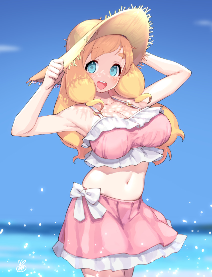 1girl, absurdres, alternate_breast_size, armpits, arms_up, artist_logo, bikini, blonde_hair