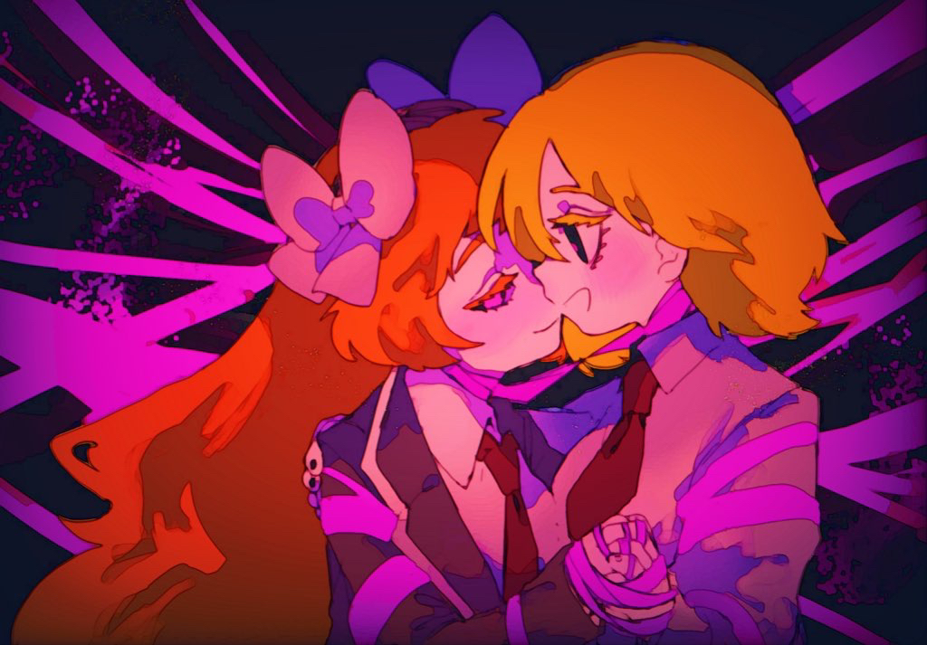 2girls, black_coat, black_eyes, bow, closed_mouth, coat, collared_shirt, commentary_request, don_quixote_(project_moon), e.g.o_(project_moon), hair_bow, holding_hands, ishmael_(project_moon), limbus_company, long_hair, long_sleeves, mochigome_138, multiple_girls, necktie, orange_hair, pink_bow, pink_eyes, pink_ribbon, pink_shoes_(project_moon), project_moon, red_necktie, ribbon, roseate_desire_(e.g.o), shirt, short_hair, sidelocks, smile, very_long_hair, white_shirt, wing_collar, yellow_eyes, yuri