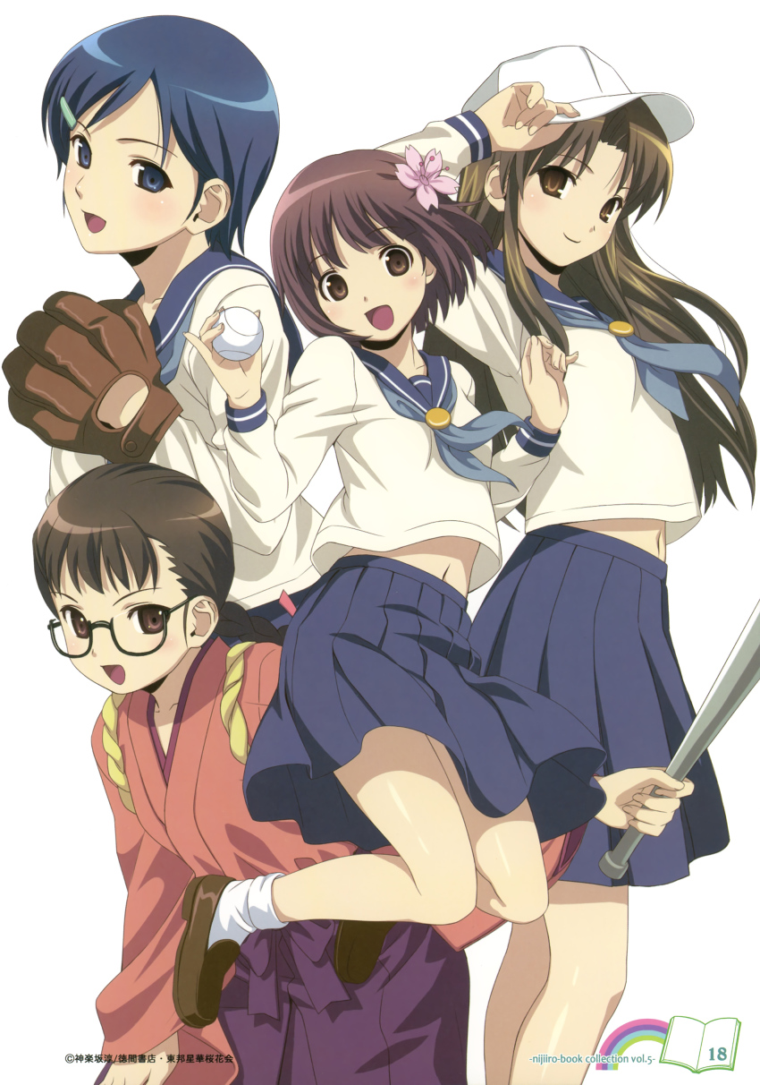 4girls, absurdres, baseball, baseball_bat, baseball_cap, baseball_glove, blue_eyes, blue_hair